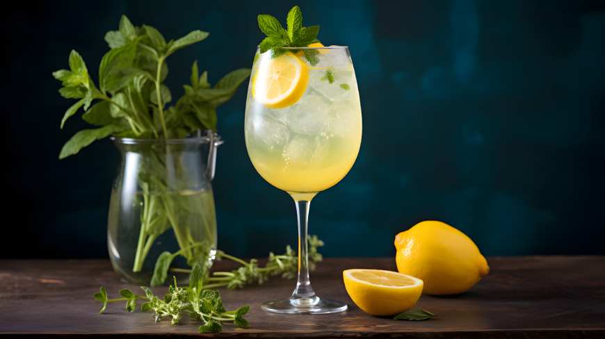 Vinglas med Limoncello Spritz på skärbräda med två citroner och lite mynta