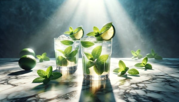 Två glas med mojito på en marmor bänk.