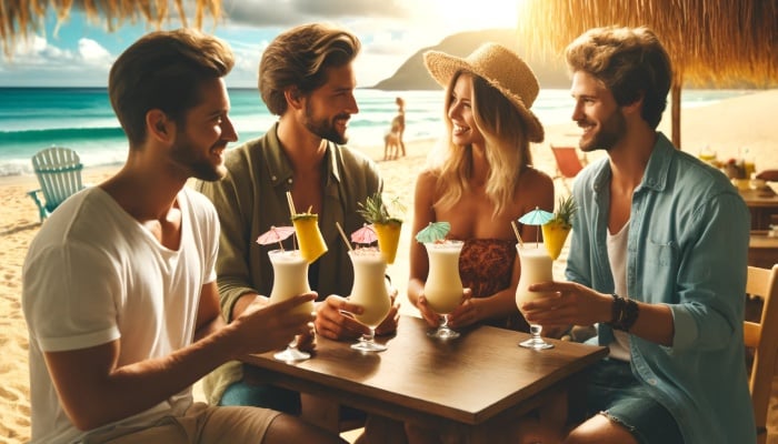 4 personer som dricker Piña Colada på en strandrestaurang