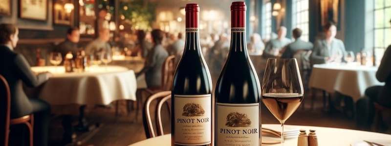 Flaskor med Pinot Noir på bord