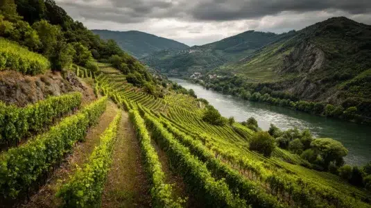 Branta vingårdssluttningar i norra Rhône med syrah-vinstockar och floden Rhône i bakgrunden
