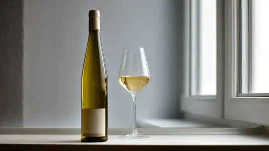 Smal rieslingflaska från Alsace med typisk grön glasfärg på en enkel hylla